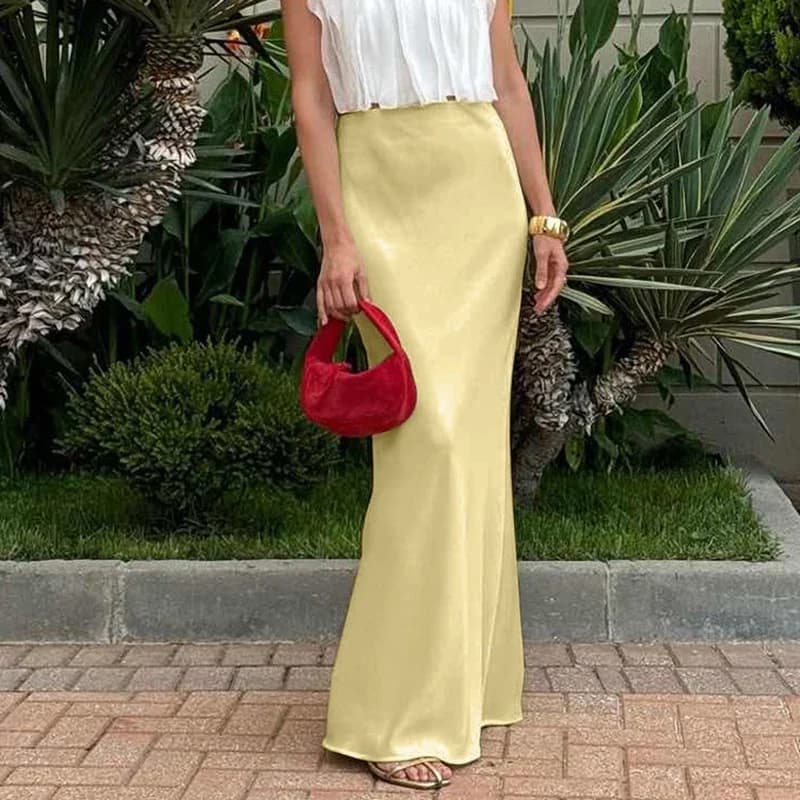 Gonna lunga gialla Sation per donna sexy aderente a vita alta elegante drappeggiato 2025 nuove gonne da pendolarismo moda estiva solida