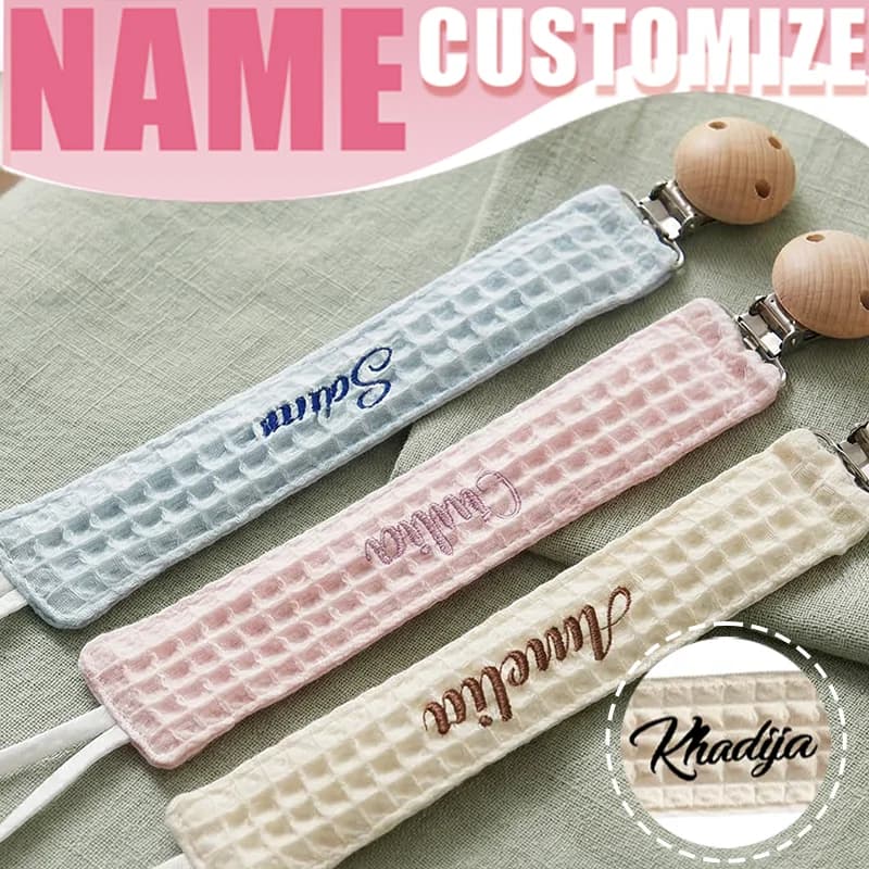Clip Portaciuccio Ricamato con Nome del Bambino e Clip in Legno, Portaciuccio in Tessuto per Regalo Baby Shower