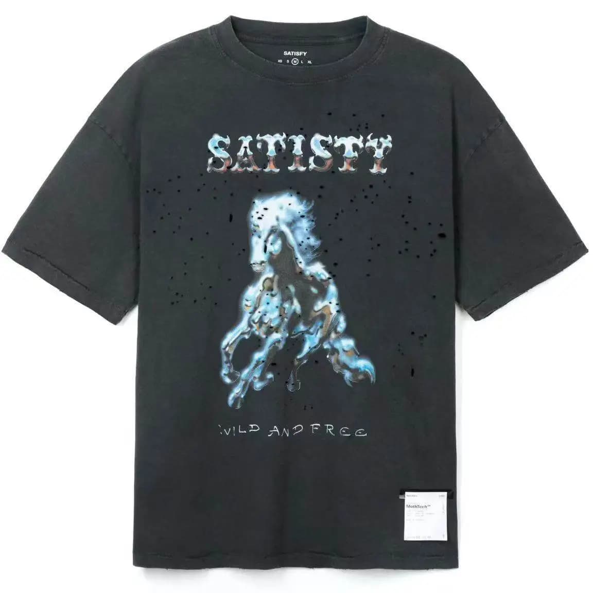 T-shirt Satisfy 26SS Mothtech con stampa cavallo in metallo nero anticato, a maniche corte, per sport all'aperto
