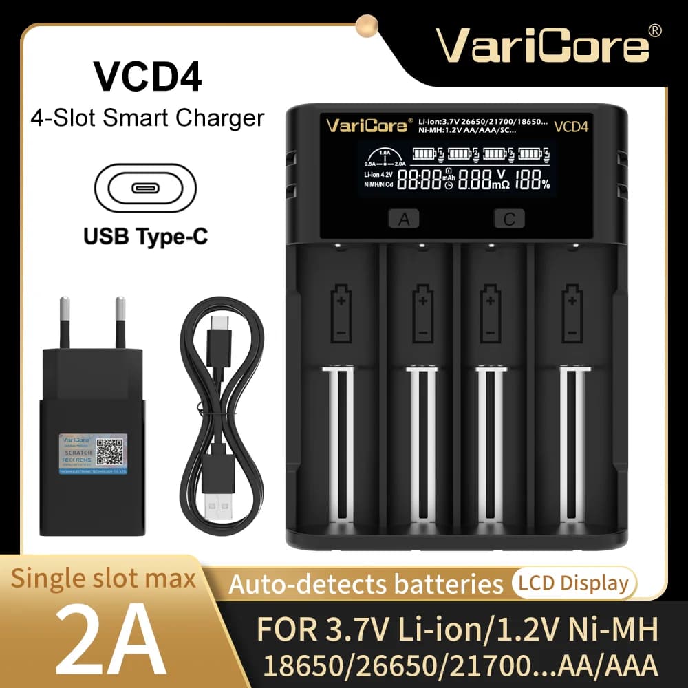 Caricabatterie intelligente VCD4 a 4 slot per batterie 18650/21700/26650 agli ioni di litio e AA Ni-MH con display LCD Protezione da sovraccarico a ricarica rapida