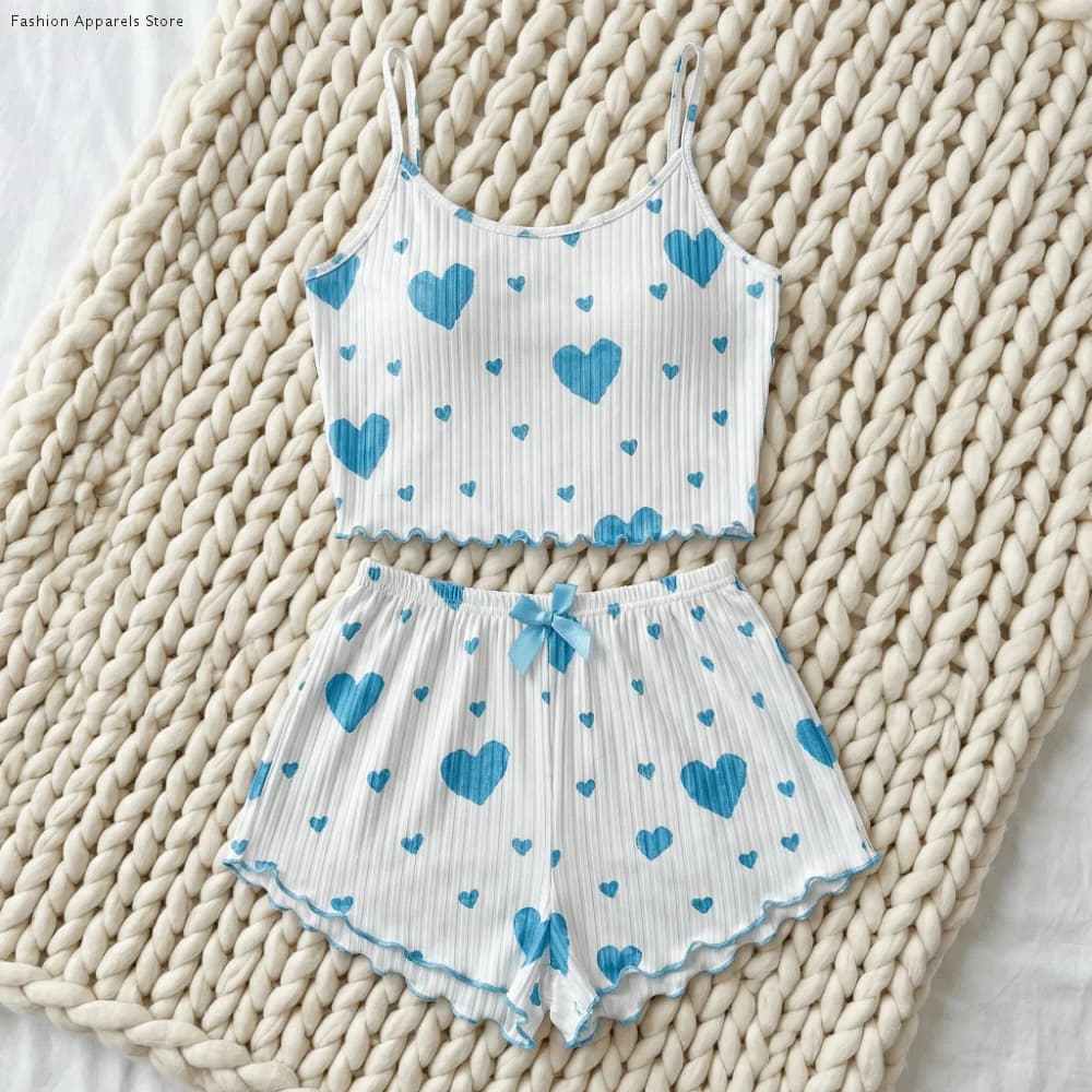 Casual Love Heart Women's Pajamas Set Homewear Summer Two Piece Nightwear Bow Cami Shorts Pajamas Spring/Summer
