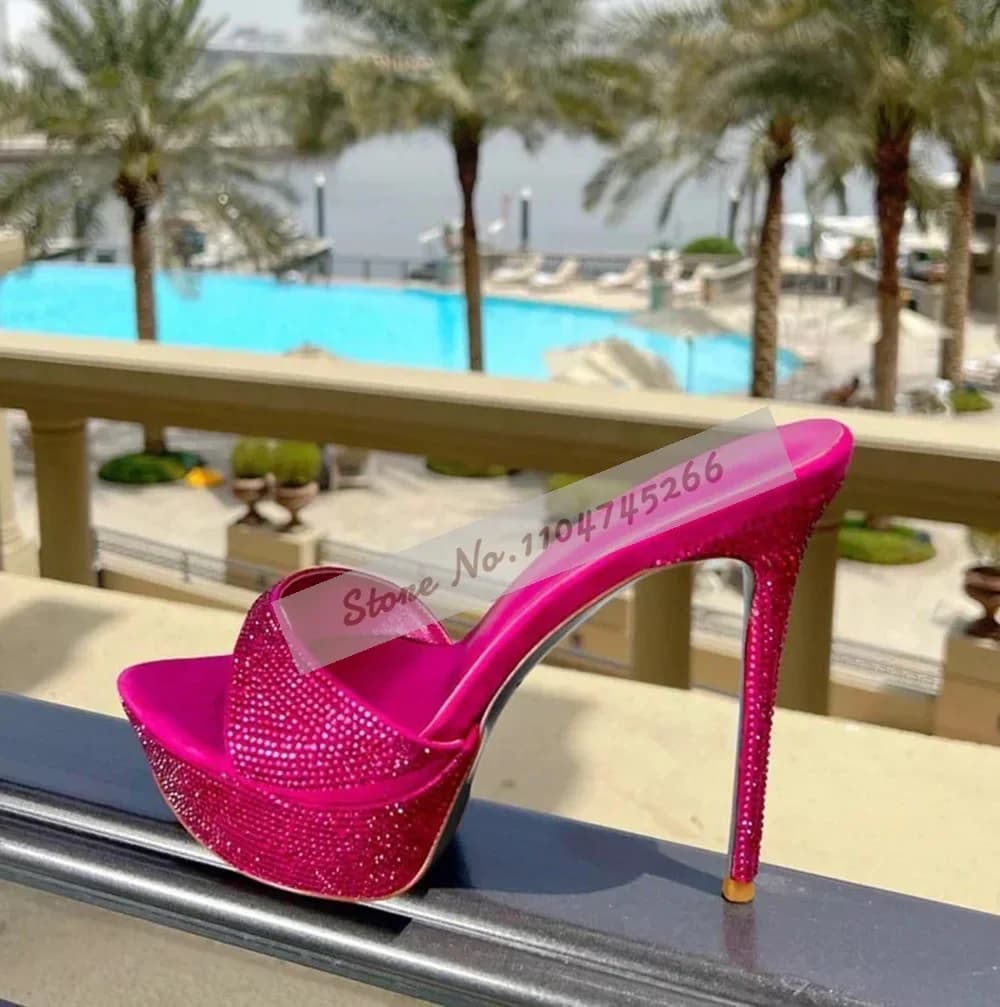 Rosa Blu Bing Bling Crystal Tacco alto Ciabatte Piattaforma Punta a punta Strass Pantofole moderne Sandali slip-on glitterati