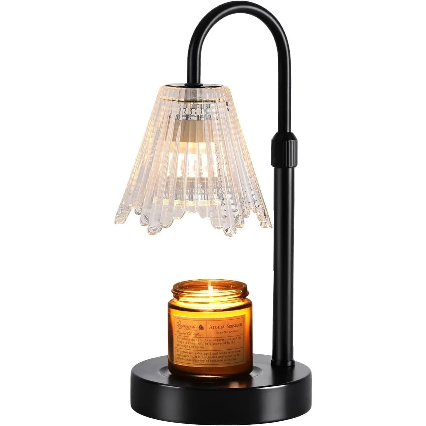 Lampada Scaldacandele con Collo Flessibile Regolabile, Paralume in Metallo Nero e Vetro Cristallo, Scioglitore Elettrico per Candele Senza Fumo e Sicuro