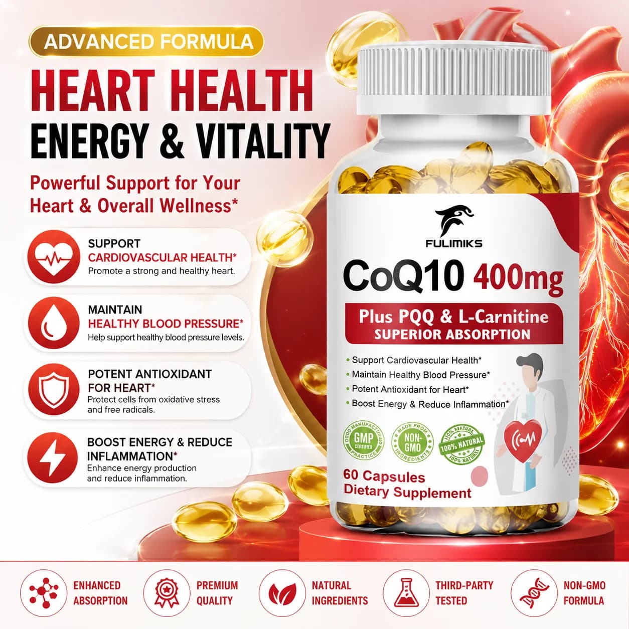 FULIMIKS CoQ10 ad Alto Assorbimento 400mg in Capsule, con PQQ e Pepe Nero, Supporta la Salute del Cuore e Cardiovascolare, Livelli di Energia