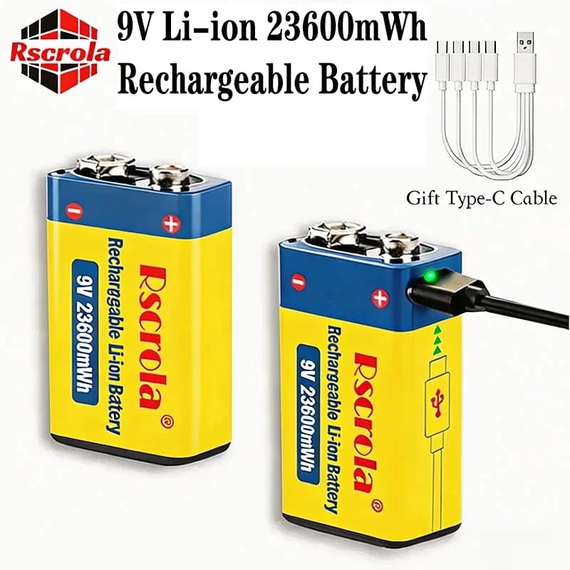 Batteria agli ioni di litio da 9V ricaricabile USB-C a lunga durata 23600mWh per rilevatore di fumo, walkie-talkie, multimetro, casa e ufficio con cavo