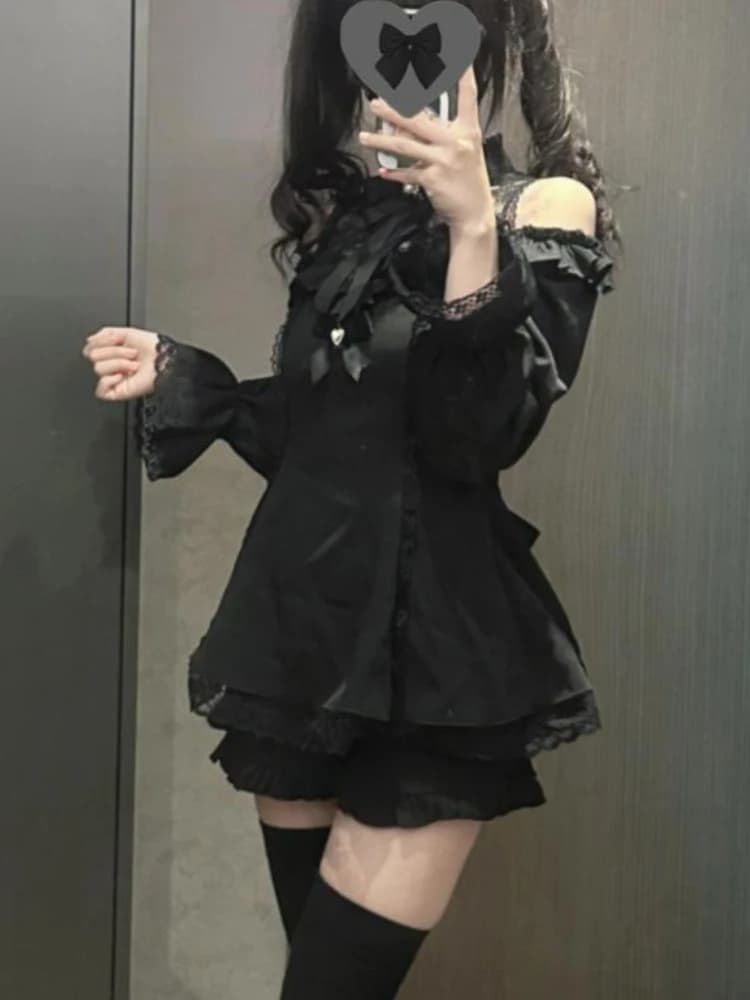 Women's Lolita Dress with Cold Shoulder Ribbon and Layered Miniskirt Slim fit Dress with Lace Details Cute Gothic Dress 2025