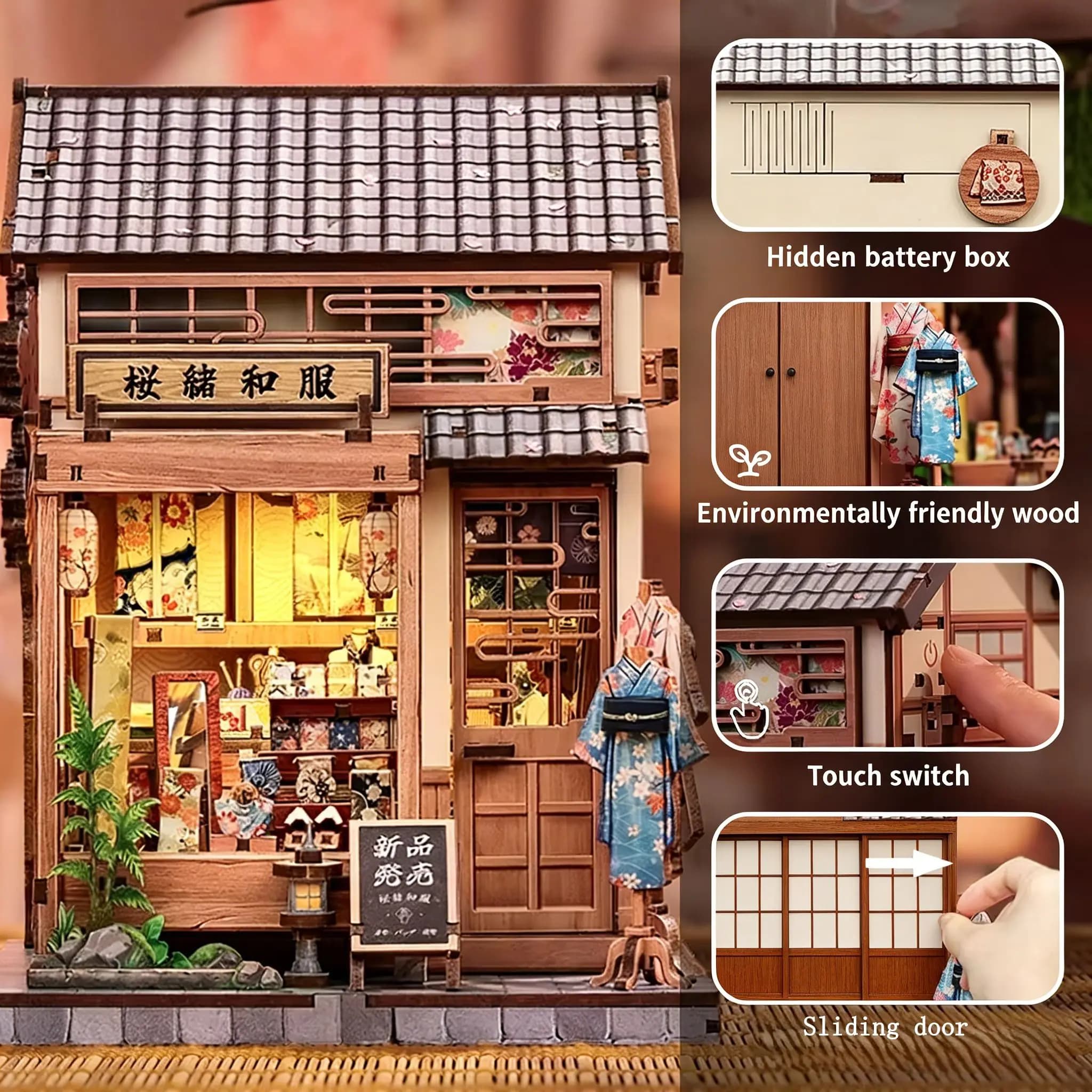Kit Miniatura Fai-da-Te in Stile Giapponese, Scena con Kimono e Sakura, Casa delle Bambole 3D in Legno Fatta a Mano, Giocattolo Creativo da Assemblare
