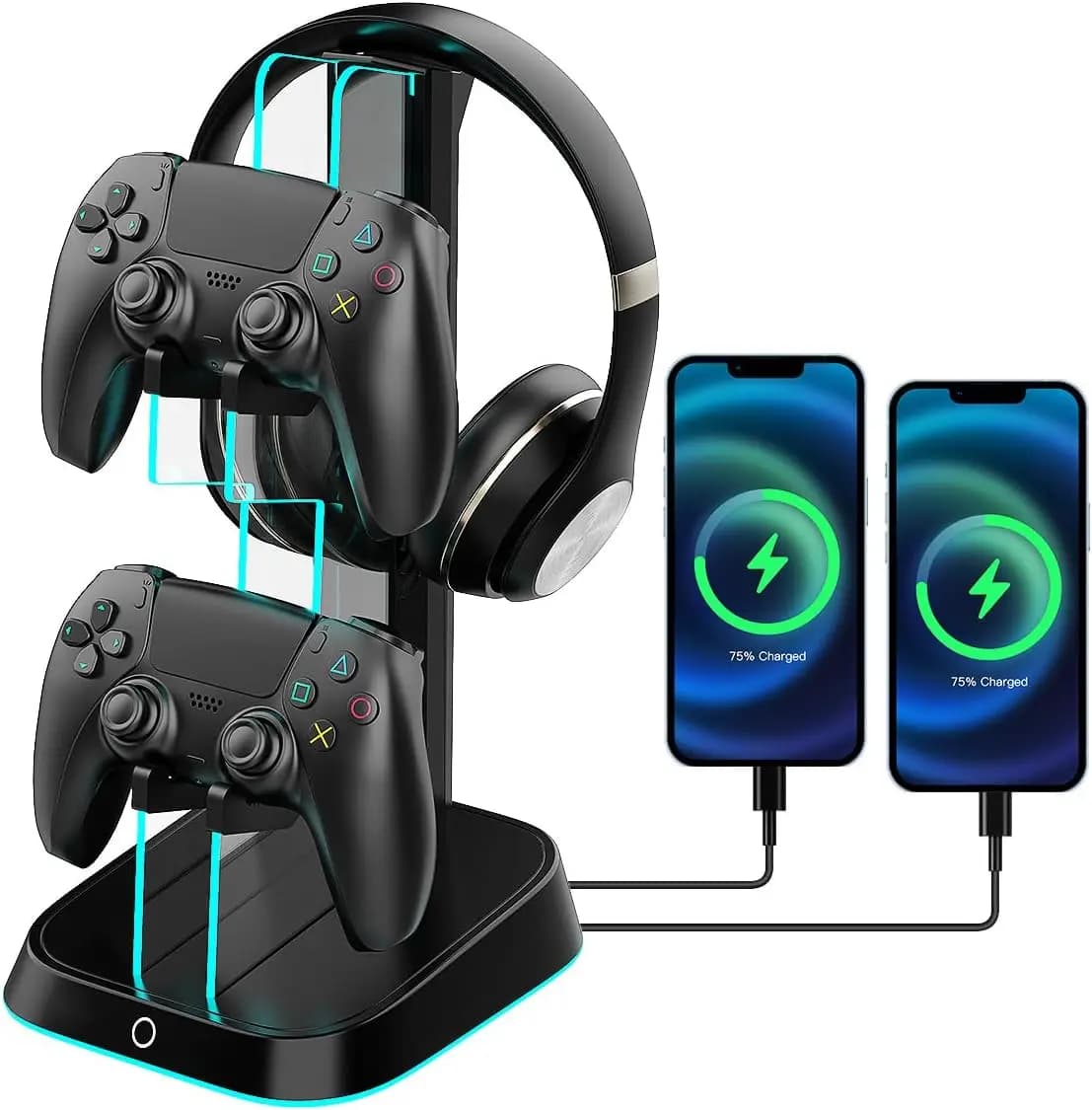 Supporto per cuffie adatto per controller di illuminazione PlayStation, Xbox e RGB, con 2 porte di ricarica USB, accessorio desktop