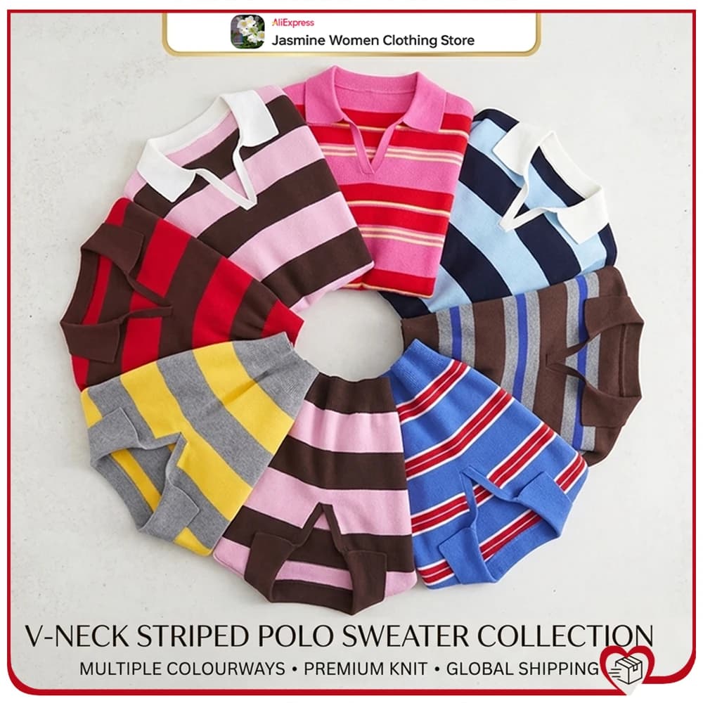 Maglioni Polo a Righe Multicolore per Donna, Nuova Moda Primavera-Autunno, Maglieria con Collo a Polo, Pullover Rilassanti a Maniche Lunghe
