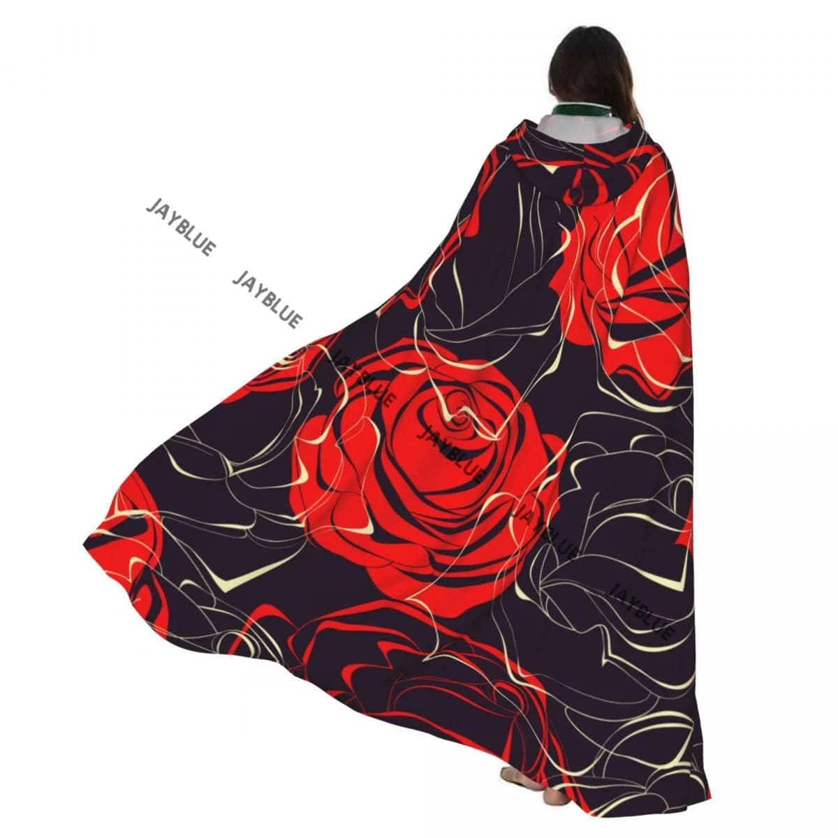 Adult mantle Hooded red roses on dark background Medieval costume Strega Wicca Vampiro Elfo Purim Carnival party