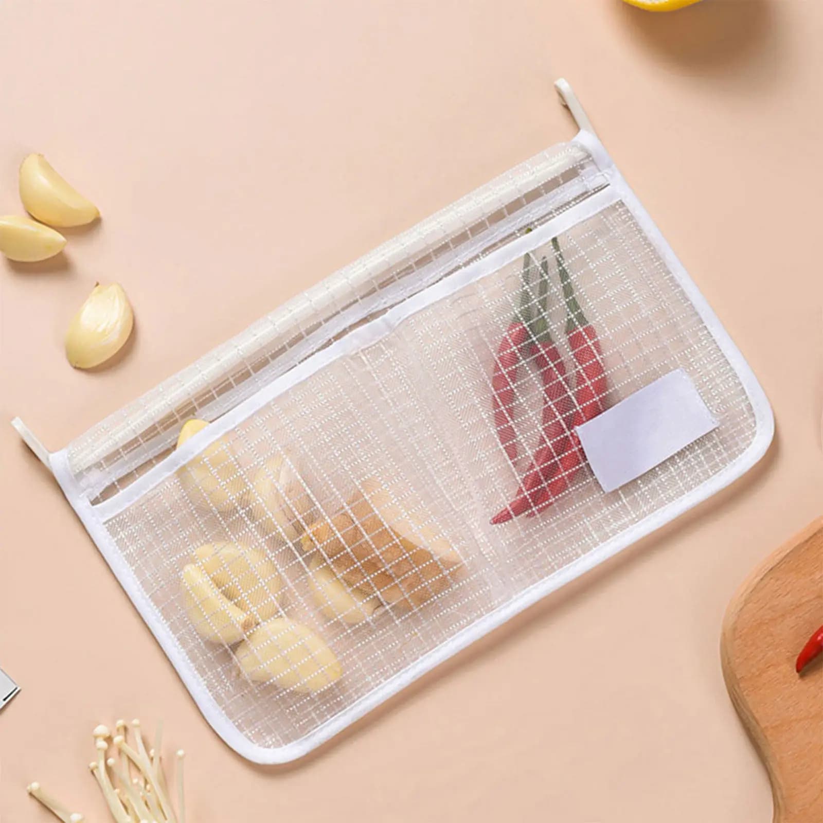 Set di 4 Sacchetti a Rete per Frigorifero, Organizzatore a Doppio Scomparto per Frutta, Verdura e Cipolle, Riutilizzabile e Lavabile