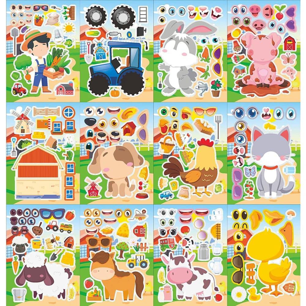 6/12 Lenzuola Per Bambini Fai Da Te Animali da Fattoria Crea Una Faccia Puzzle Adesivi Crea Il proprio Vaca Cane Coniglio Assemblare Jigsaw Decorazione Giocattoli