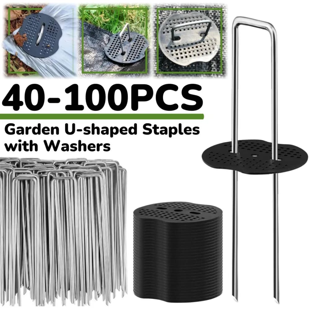 40-100PCS Graffette da giardino a forma di U con rondelle Pioli fissi per pellicola da giardino per esterni per contenere chiodi a terra in tessuto per barriera erbacce