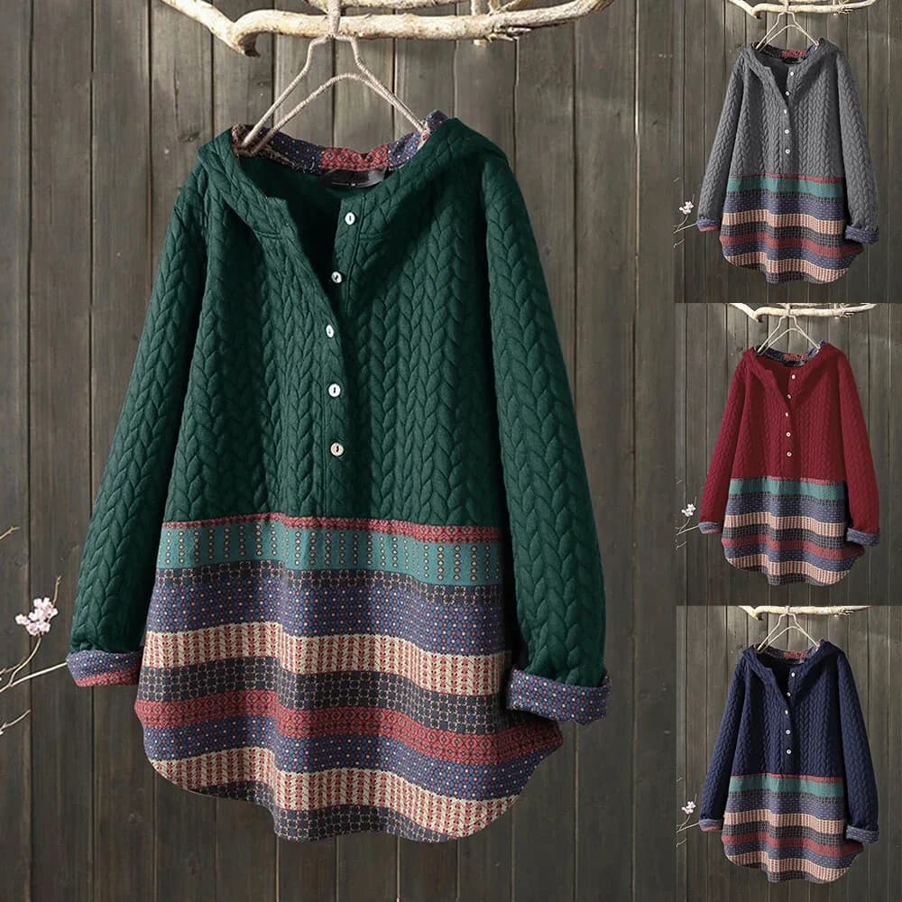 Autumn Winter Short Outerwear Ethnic Print Long Sleeve Mid-Length Women's Jacket Mom's Style Cotton Blend Loose Fit Coat
