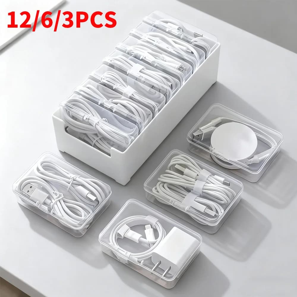 Cable Storage Box Set 12/6/3PCS - Heavy duty Plastic Cable Organizer for Charging Cables of Office and Home Equipment