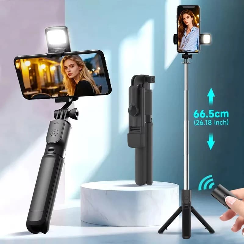 Treppiede per selfie stick per telefono Supporto per telefono con stick selfie wireless remoto Bluetooth con luce di riempimento a LED di bellezza per lo streaming live del telefono