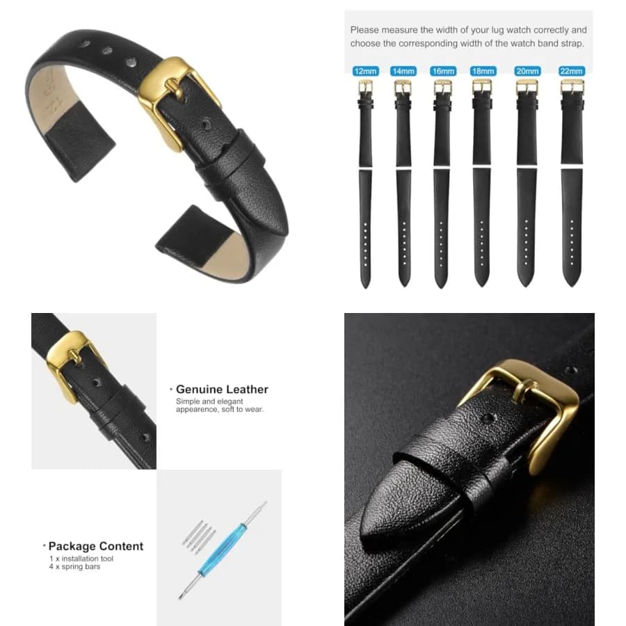 Multi-sizes Genuine Leather Band, Flat Thin Elegant Leather Watch Strap for Men and Women, 14mm, Black/Golden Tone