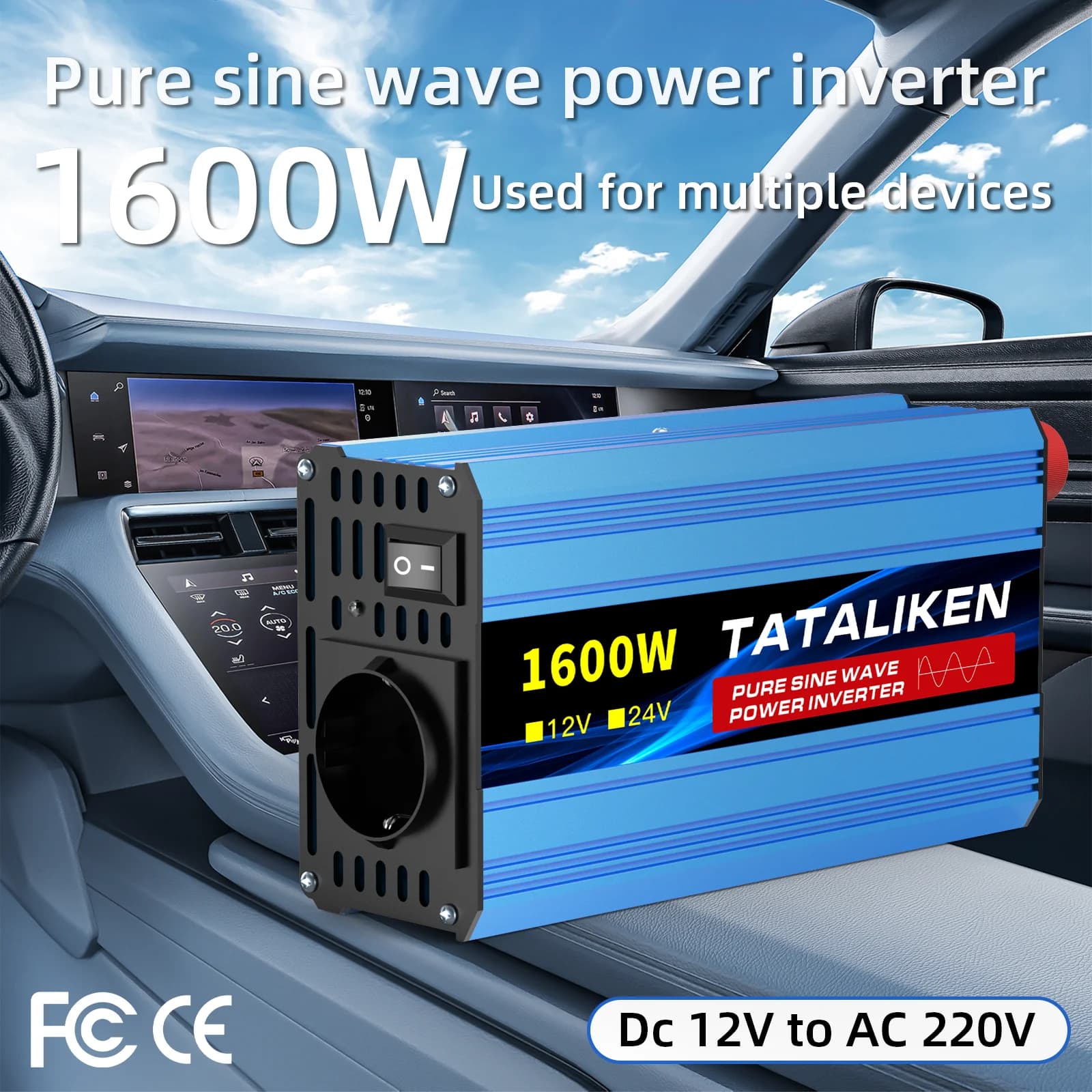 Inverter a Onda Sinusoidale Pura 1000W-8000W da DC 12V a AC 220V 50Hz con Display LCD e Ventola Termostatica per Casa Solare, Camper, Spina EU