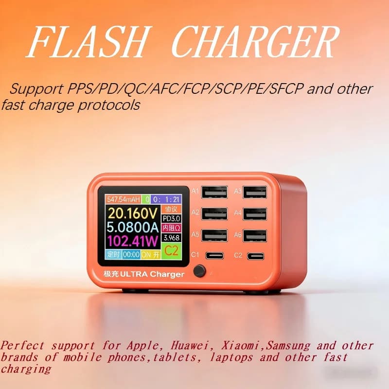 100W Multi-Port USB Charger Hub with Digital Display PD and QC Fast Charging Station Voltage and Current for Phones Laptops