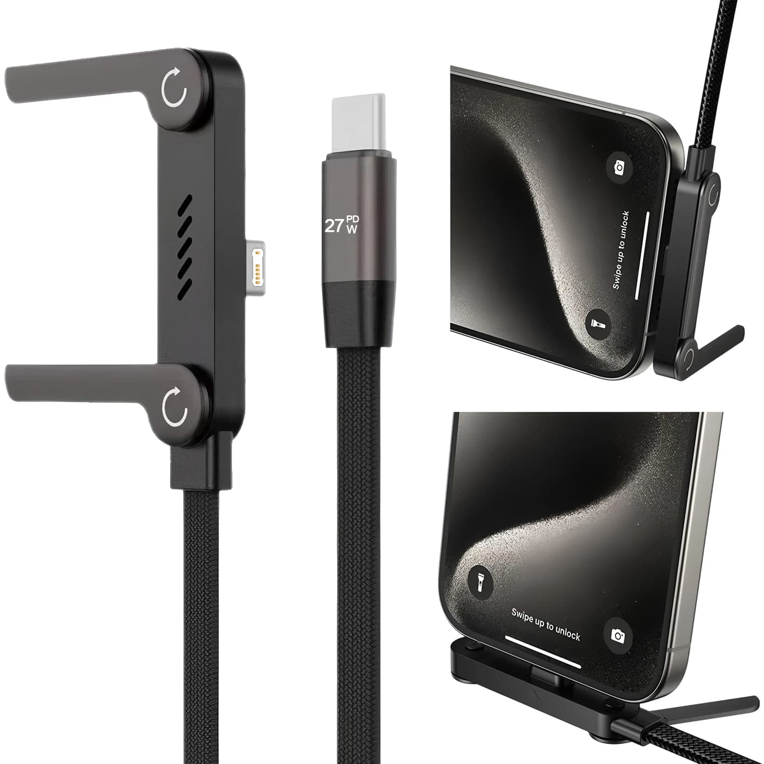 Cavo di ricarica rapida multifunzione Type-C da 27 W, supporto pieghevole 2-IN-1 per iPhone 11 12 13 14, supporto per telefono da USB-C a USB-L