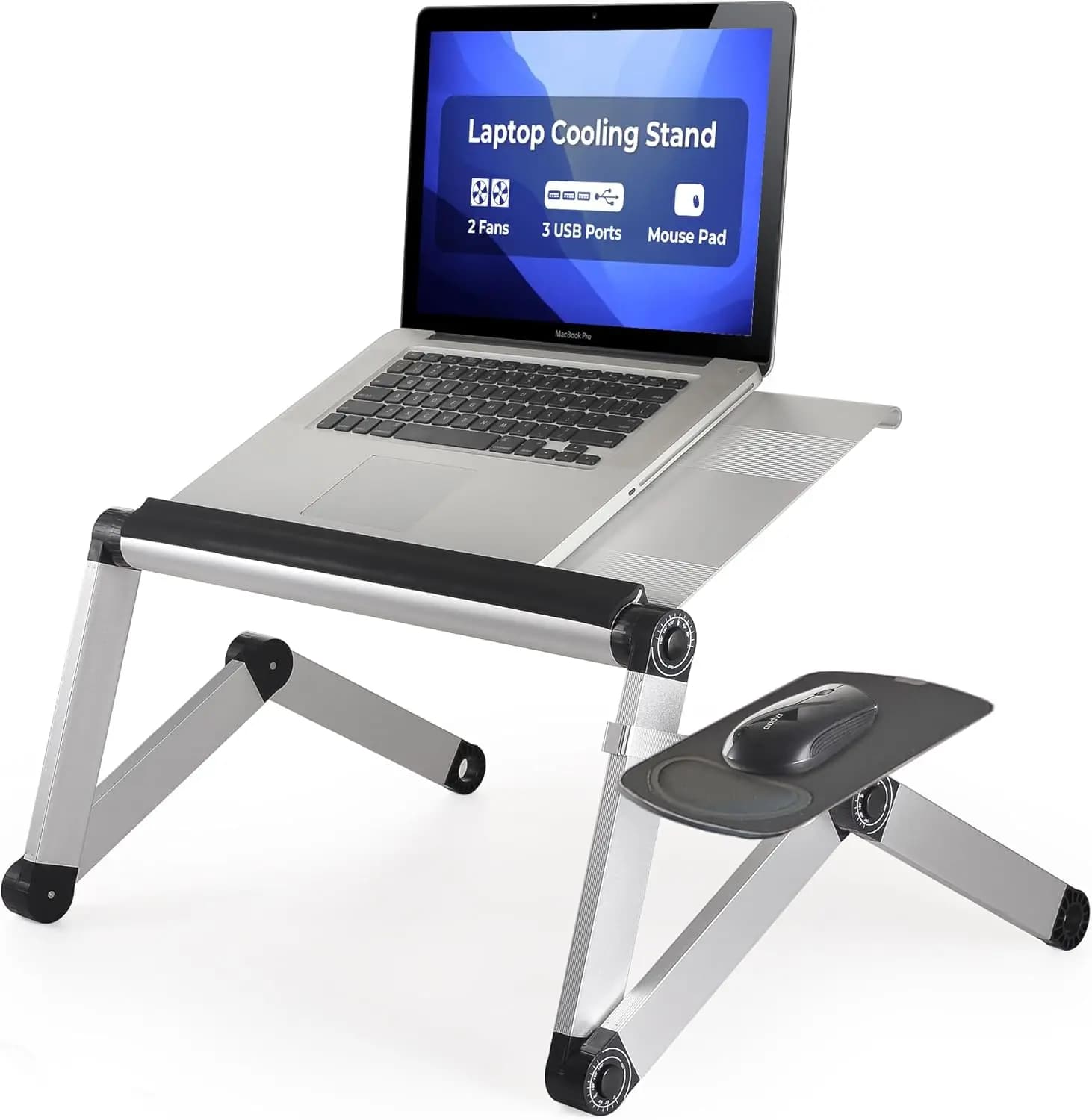 Supporto per Laptop Regolabile con Ventole di Raffreddamento, Hub USB e Tappetino per Mouse - Rialzo Ergonomico Pieghevole per Scrivania, Argento