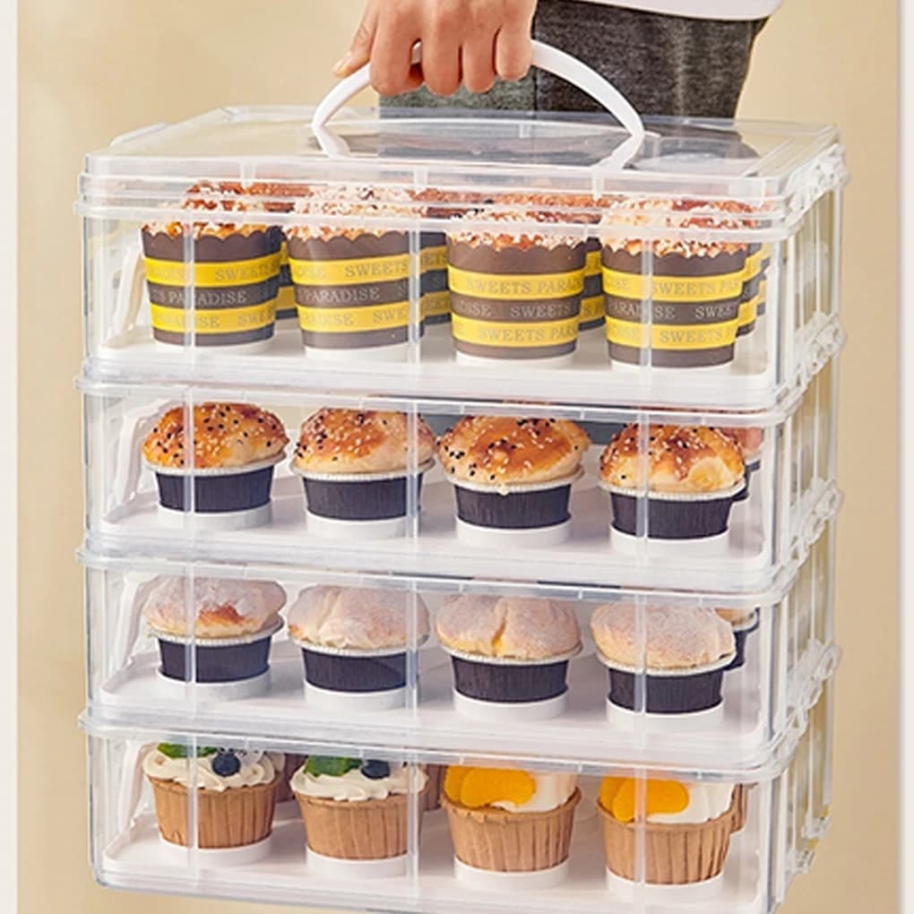 1/2 Tier Cupcake Carrier Transparent Rectangle Cupcake Storage Box with Lid and Handle 12/24 Grids Cupcake Containers Party