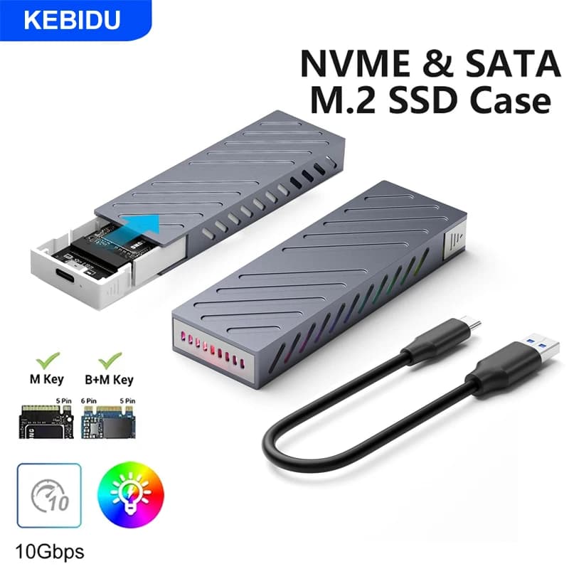 Custodia SSD M2 NVMe SATA Custodia SSD PCIe da 10 Gbps Scatola portatile RGB USB C 3.1 Gen2 2230/42/60/80 Adattatore esterno per PC portatile