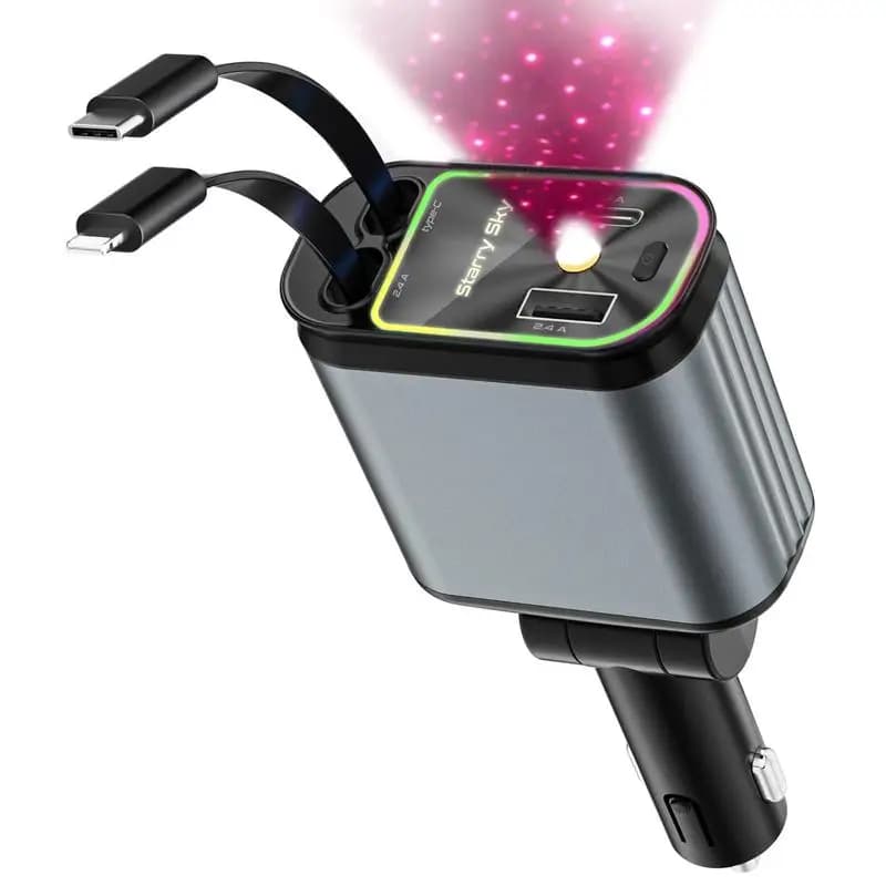 Caricabatterie per telefono da auto Super veloce, caricabatterie per telefono da auto da 100W con cavi retrattili porta USB e di tipo C, caricabatteria da auto retrattile 4 IN 1