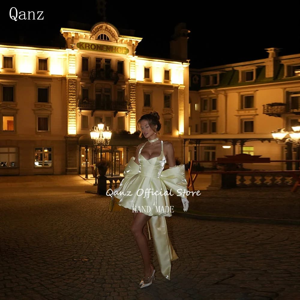 Abito da sera Qanz giallo chiaro in raso lucido con spalline sottili, corto, a trapezio, per ballo di fine anno, senza schienale, con fiocco, Vestidos De Fiesta, personalizzabile