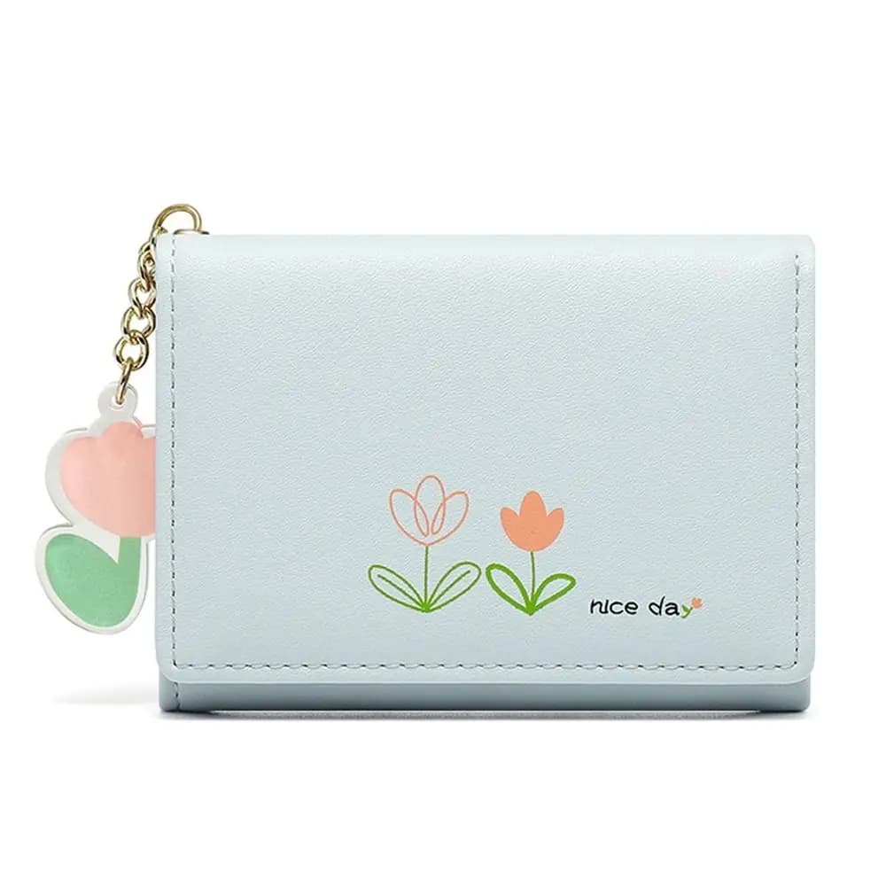 Leather Multi Card Pockets Tulip Prints Pattern Multiple Card Slots Women Wallet Short Coin Purse Credit Card Clip Card Holder