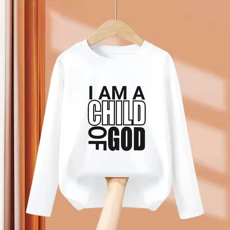 T-shirt a maniche lunghe con stampa 'I Am A Child of God' per bambini, maglietta grafica casual primaverile per ragazzi e ragazze
