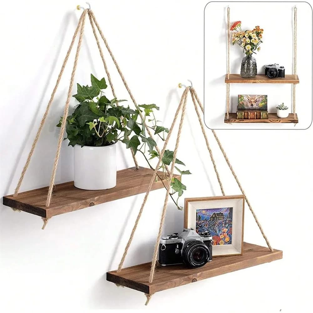 1pc Wood Hanging Shelve Swing Hanging Hemp Rope Wall Shelve Mounted Floating Home Living Room Plant Flower Pot Tray Storage