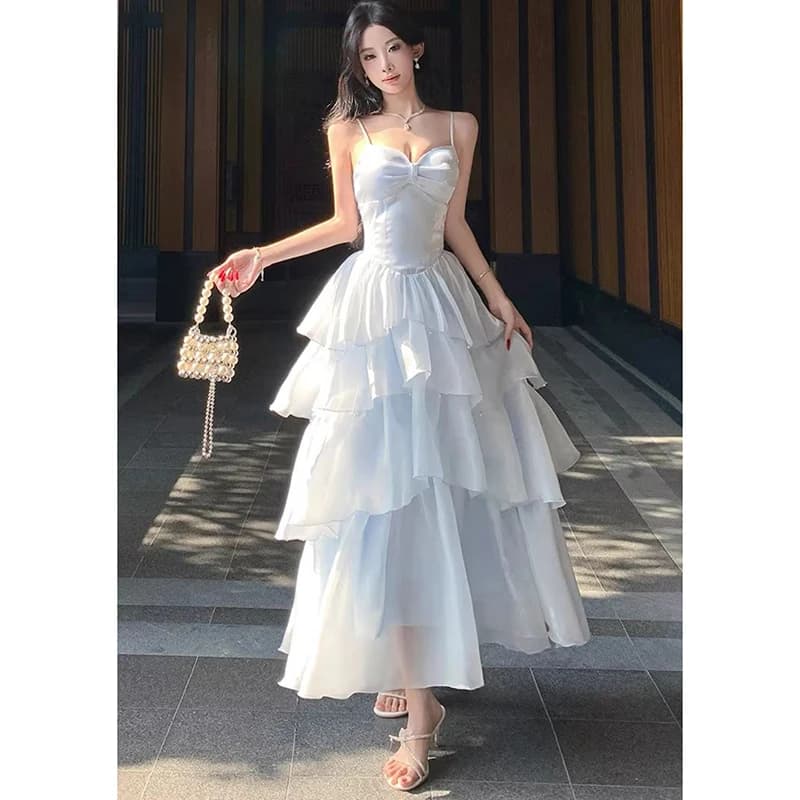 Abito da sera blu da donna con spalline sottili, sexy, con spalle scoperte, dolce, a strati, vestito sottile a trapezio per vacanze al mare