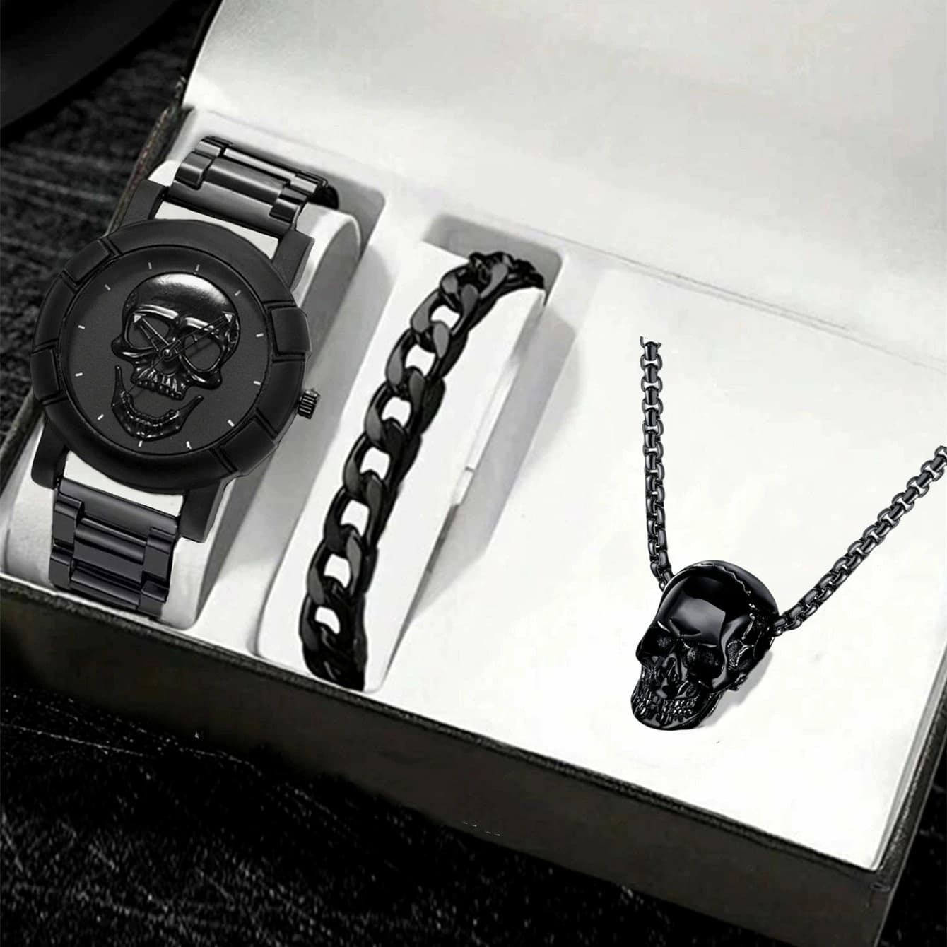 Set 3 Pezzi Orologio da Uomo in Acciaio Inossidabile con Teschio, Bracciale e Collana con Teschio, Ideale per Regali, Orologi al Quarzo Casual da Uomo per il Business