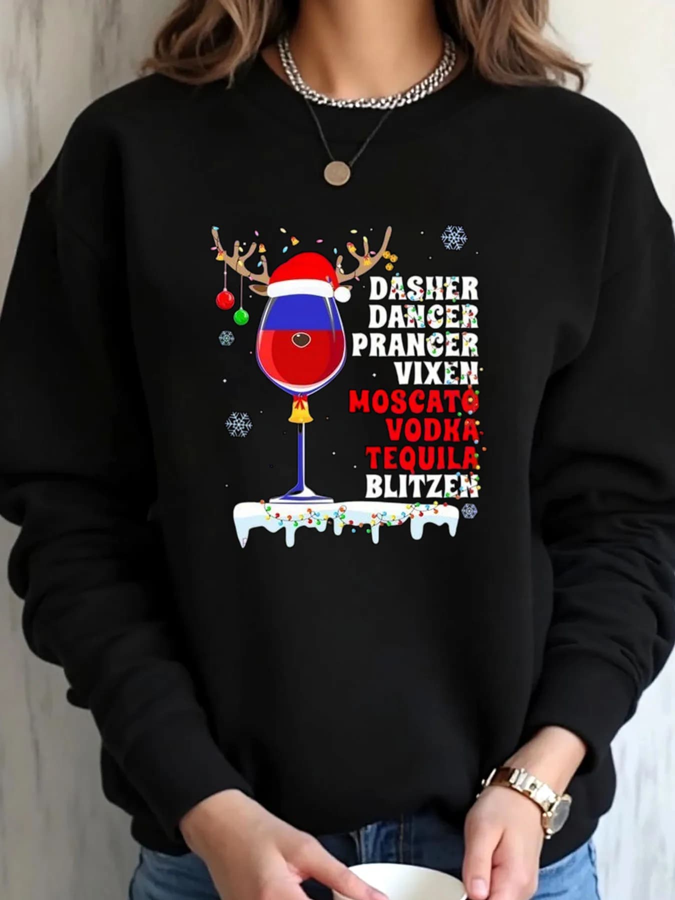 Felpa oversize da donna Natale Bicchiere da vino Nomi di renne Moscato Vodka Tequila Stampa Abbigliamento da esterno