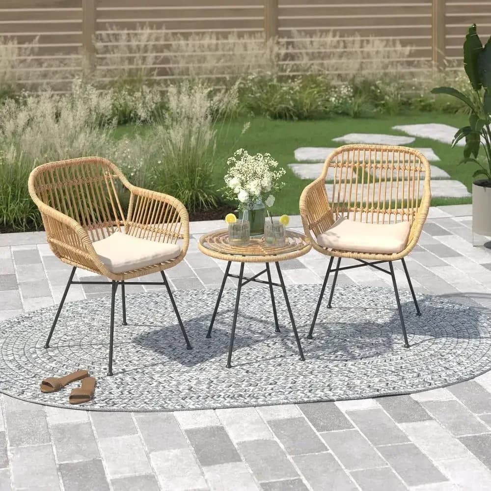 3-Piece Outdoor Patio Bistro Set with Wicker Chairs and Glass Top Table, Beige Cushions