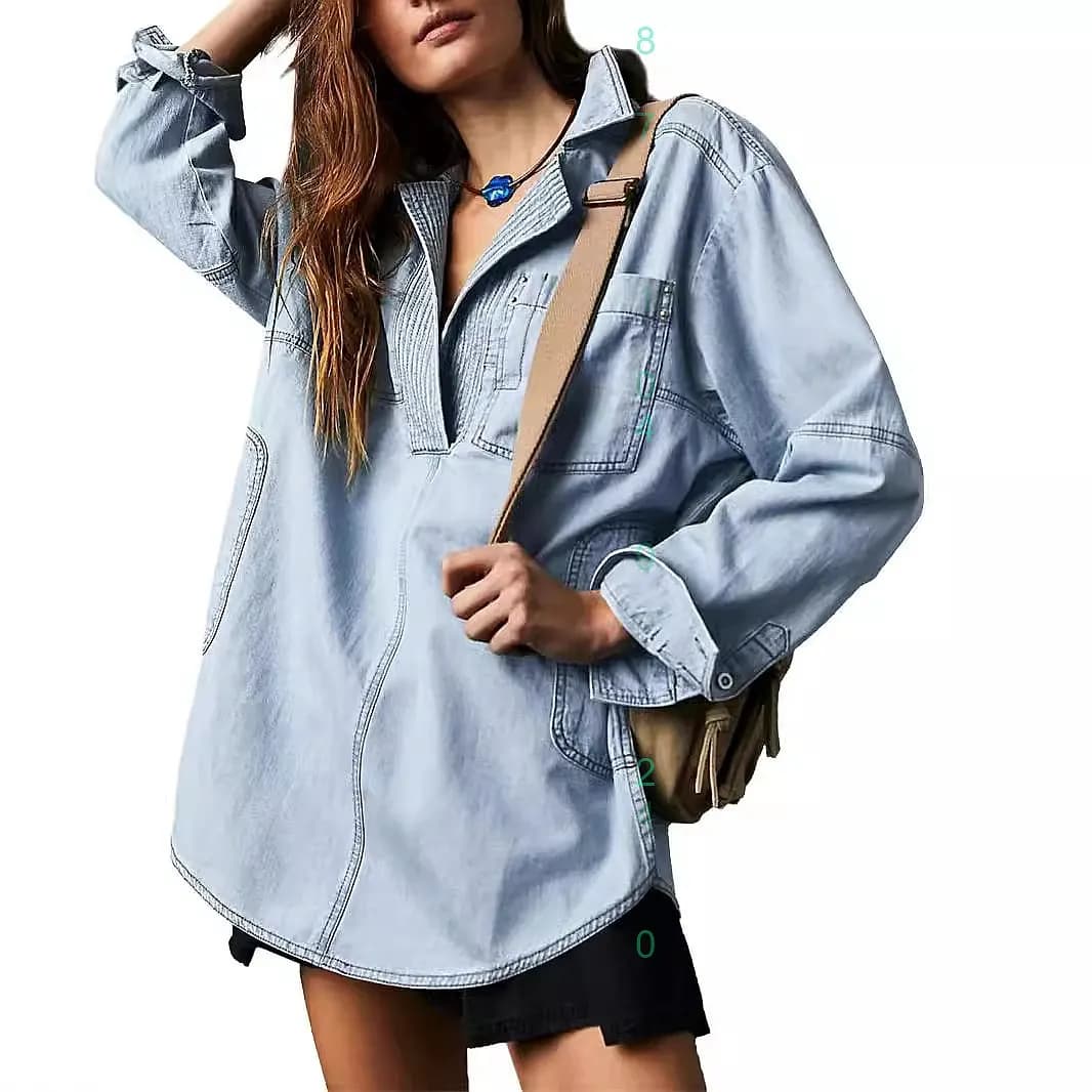 Camicia di Jeans alla Moda a Maniche Lunghe, Blusa Slim Fit, Giacca Casual da Donna, Camicie di Jeans per Primavera Estate