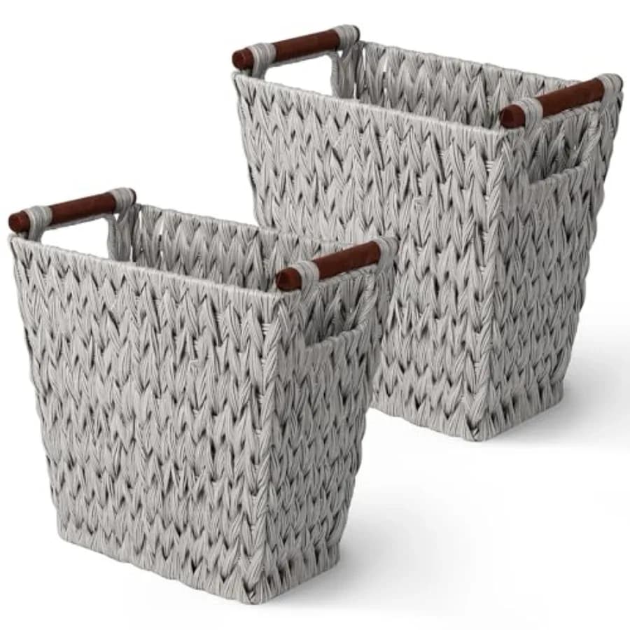 Cestino per Rifiuti Intrecciato Grigio con Manici in Legno, Cesto in Vimini per Bagno e Soggiorno, Confezione da 2, 33 cm x 19 cm x 31,5 cm