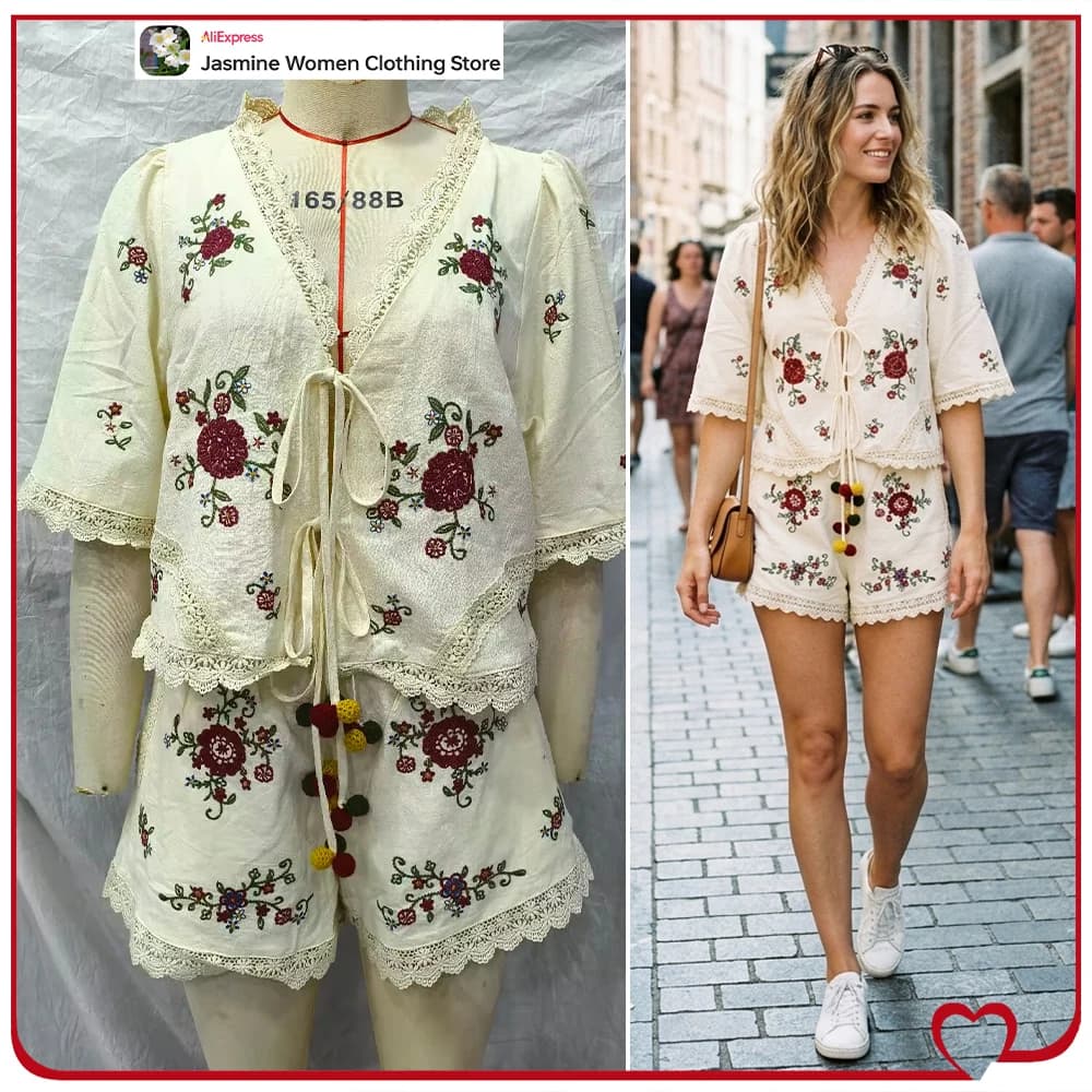 New Women Summer Short Sets with Embroidered Flowers and Lace Trim Embroidered Floral Tied Top and Elastic Waist Shorts with Tie