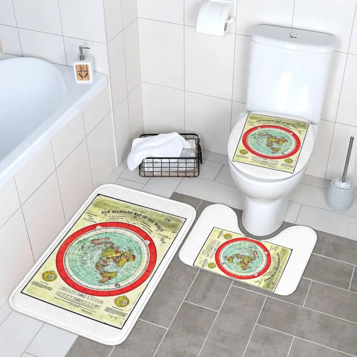 Gleason 1892 Mappa della Terra Piatta Ricerca Terra Piatta 3 Pezzi Tappetino da Bagno Set da Bagno Copriwater Decorazioni per la Casa Tappeto Antiscivolo Tappeto da Pavimento