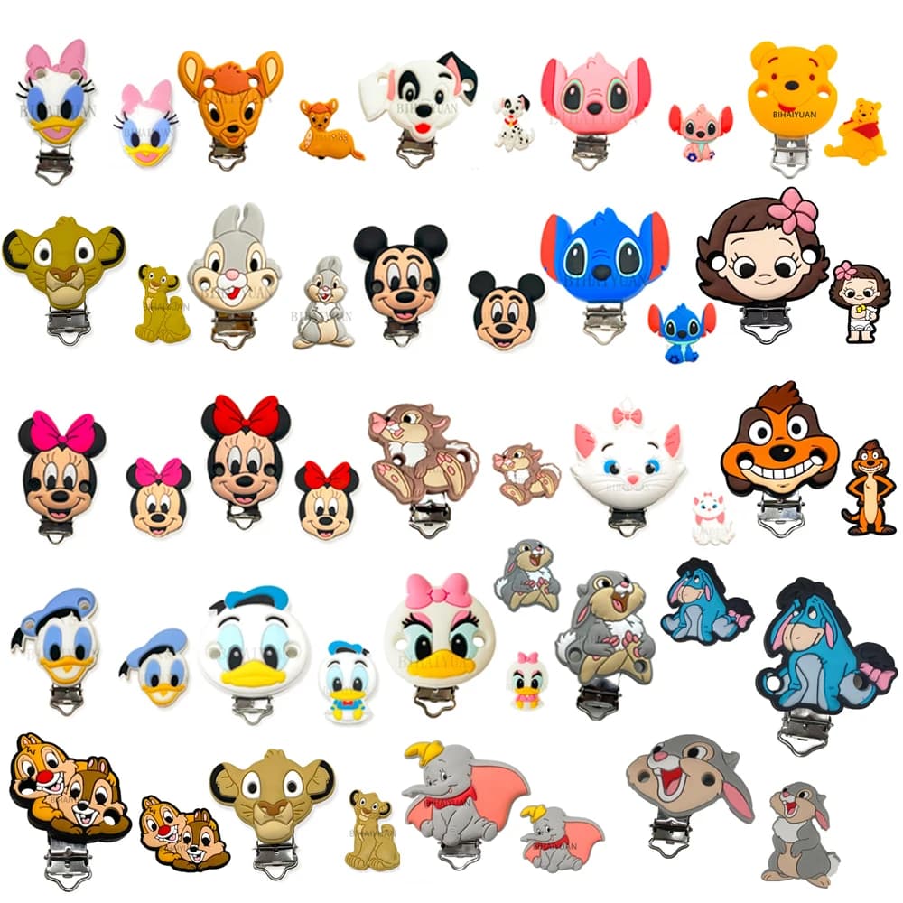2pcs one set Miss Bunny Minnie mouse dumbo moana simba marie cat Silicone Pacifier clip Molar focal Bead DIY Pacifier Chain