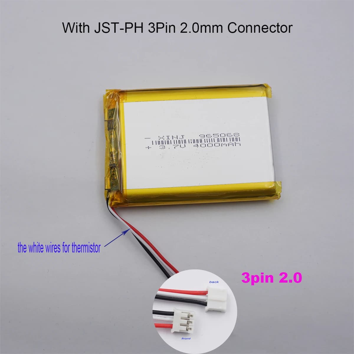 3.7V 4000mAh 14.8Wh 965068 Polymer Li Lipo Battery 3-Wire Thermistor JST 3Pin 2.0mm Connector For GPS Power Bank LED Tablet PC