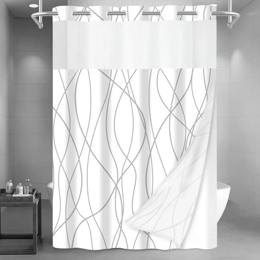 Grey and white striped long shower curtain with hooks and ink lining set, hotel shower curtain with top transparent mesh