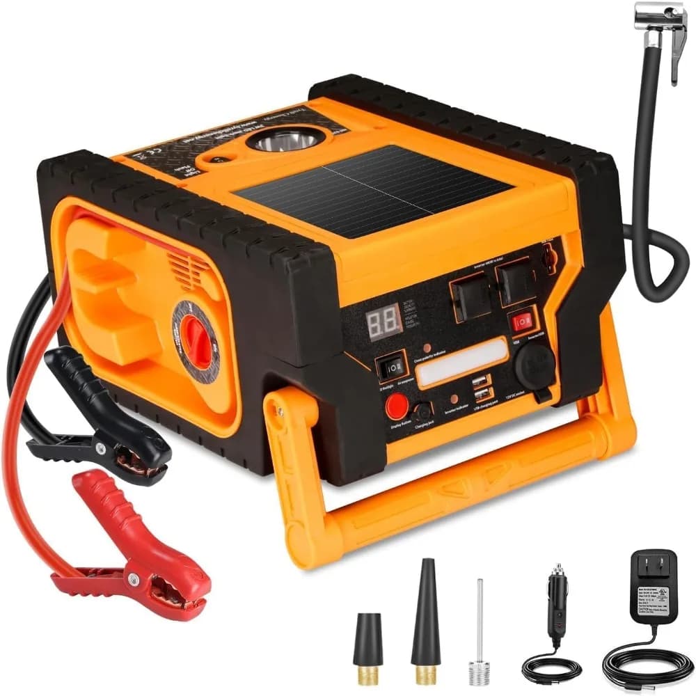 Avviatore di emergenza da 2000 A con compressore d'aria, avviamento di emergenza per batteria per auto solare acetek Gonfiatore per pneumatici da 260 PSI, cavo automatico da 22000 mAh 12 V-