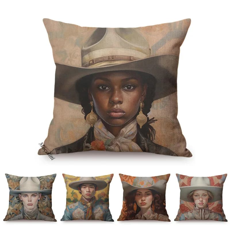 Handsome Cowboy Portrait Throw Pillow Case, Cool Man Sofa Decorative Cushion Cover, Modern Exotic Funky Art Cotton Linen