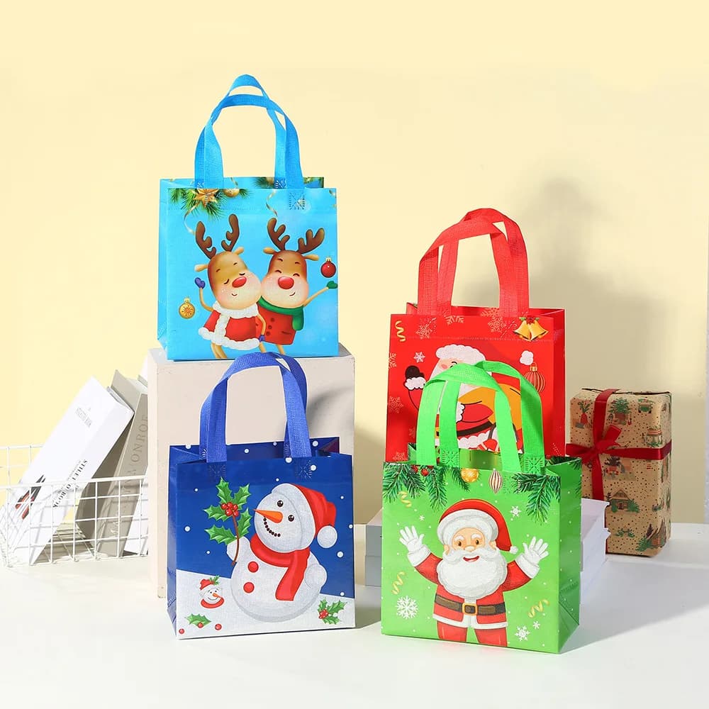 12 Pieces Non Woven Christmas Party Favor Gift Packing Tote Bag Printed Santa Claus Elk Snow Man
