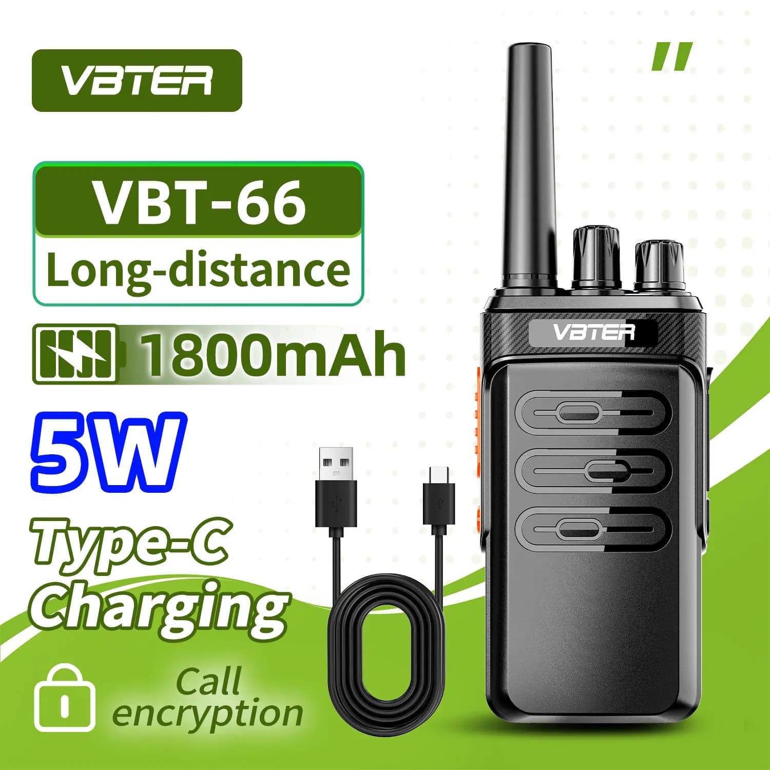 2PCS VBTER Walkie-talkie portatile VBT-66 a lunga distanza 1800mAh 5W ad alta potenza UHF 400MHz-470MHz Ricarica Type-C Radio bidirezionale