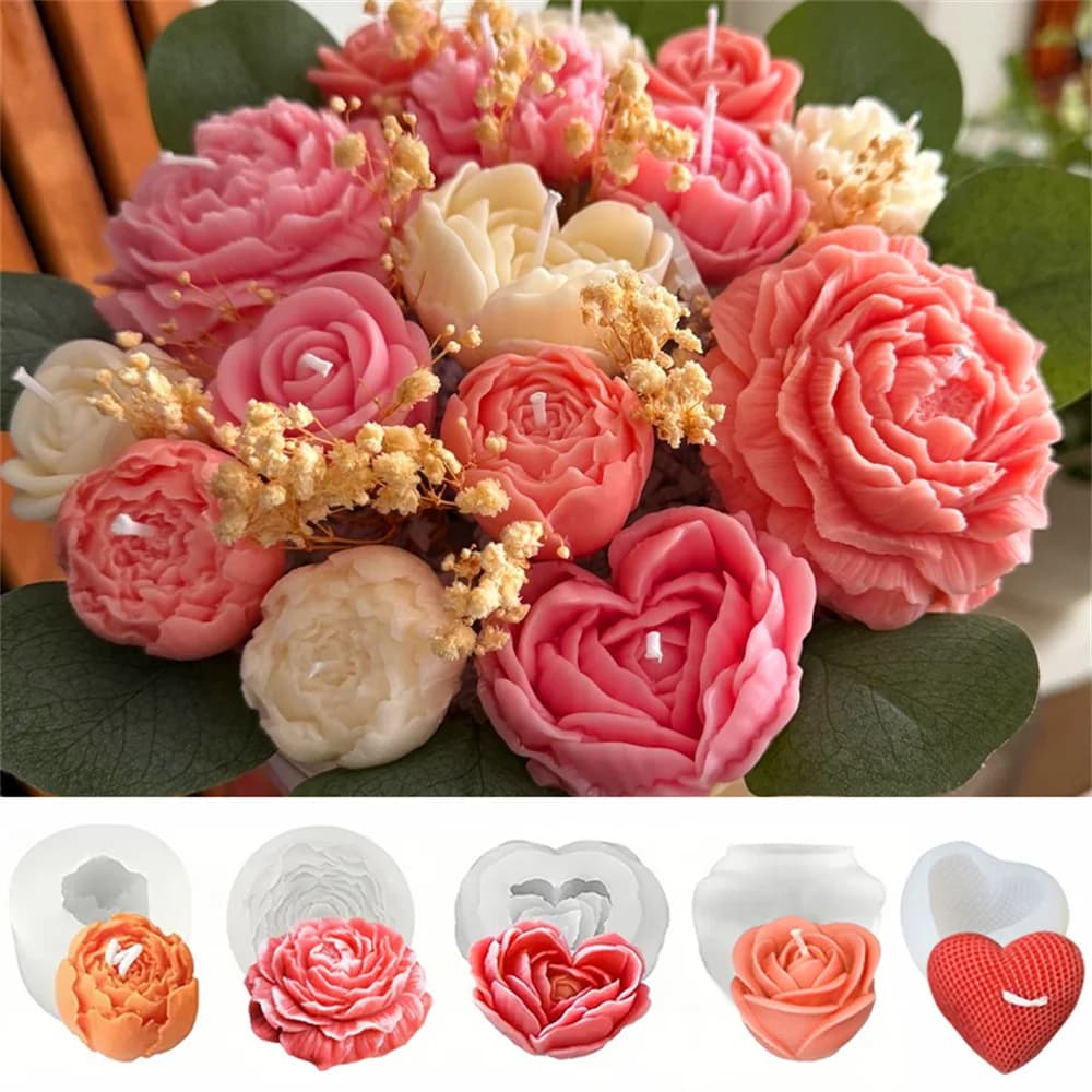 5PCS Set di stampi in silicone floreale 3D peonia rosa cuore stampo per fiori per candele profumate argilla gesso bouquet fai da te decorazioni per San Valentino