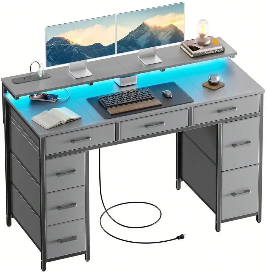 47 Inch Computer Desk With 8 Storage Drawers, Gaming Desk With LED Lights & USB Power Outlets, Home Office Table With Monitor Stand, Study Writing Work Table For Bedroom,Gray