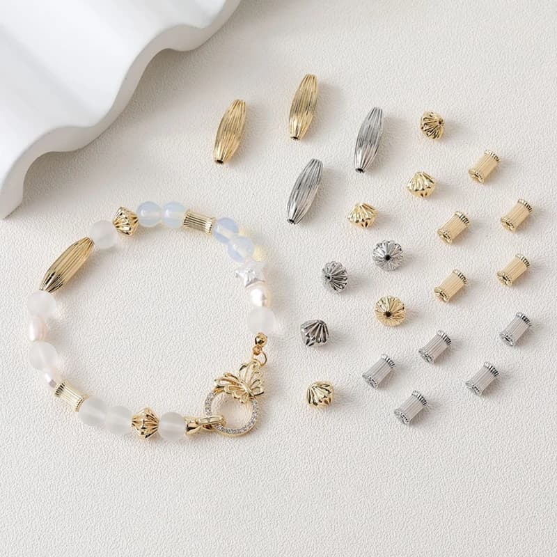 10PCS 14K Gold Plated Fold Olive Diamond Column Brass Spacer Beads Necklace Bracelet Earrings DIY Making Supplies Accessories